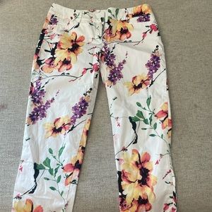 White pants with pink/yellow flower print